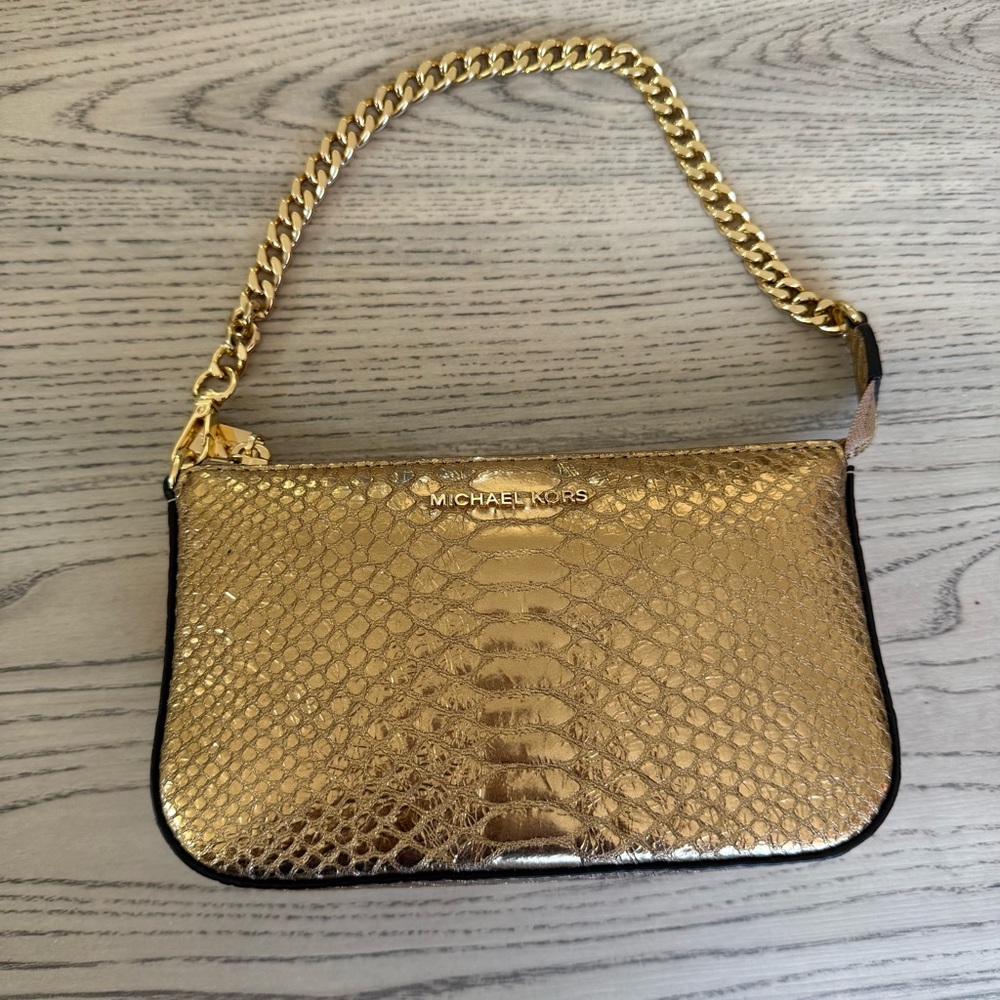 NEW Michael Kors Metallic Gold Snake Print Clutch